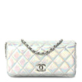 Chanel Iridescent Mirror Goatskin Quilted Clutch With Chain  Silver