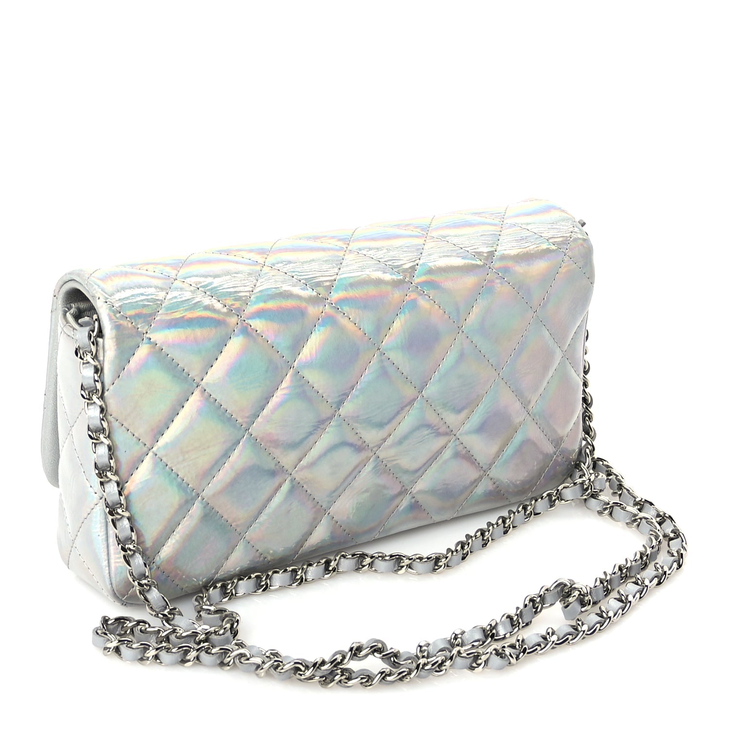 Chanel Iridescent Mirror Goatskin Quilted Clutch With Chain  Silver