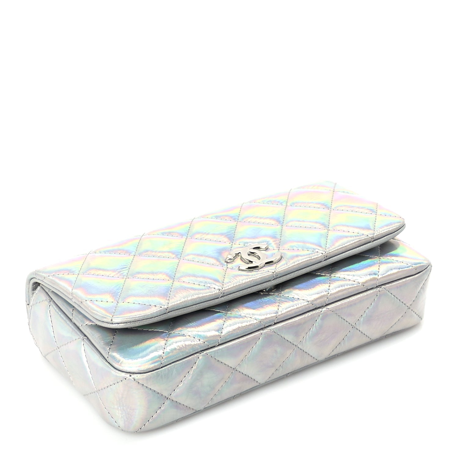 Chanel Iridescent Mirror Goatskin Quilted Clutch With Chain  Silver