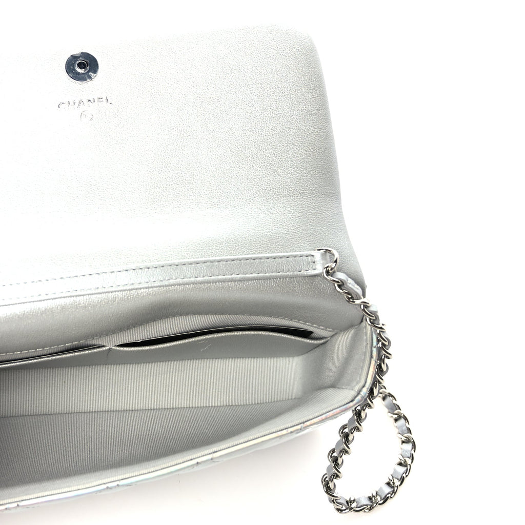 Chanel Iridescent Mirror Goatskin Quilted Clutch With Chain  Silver