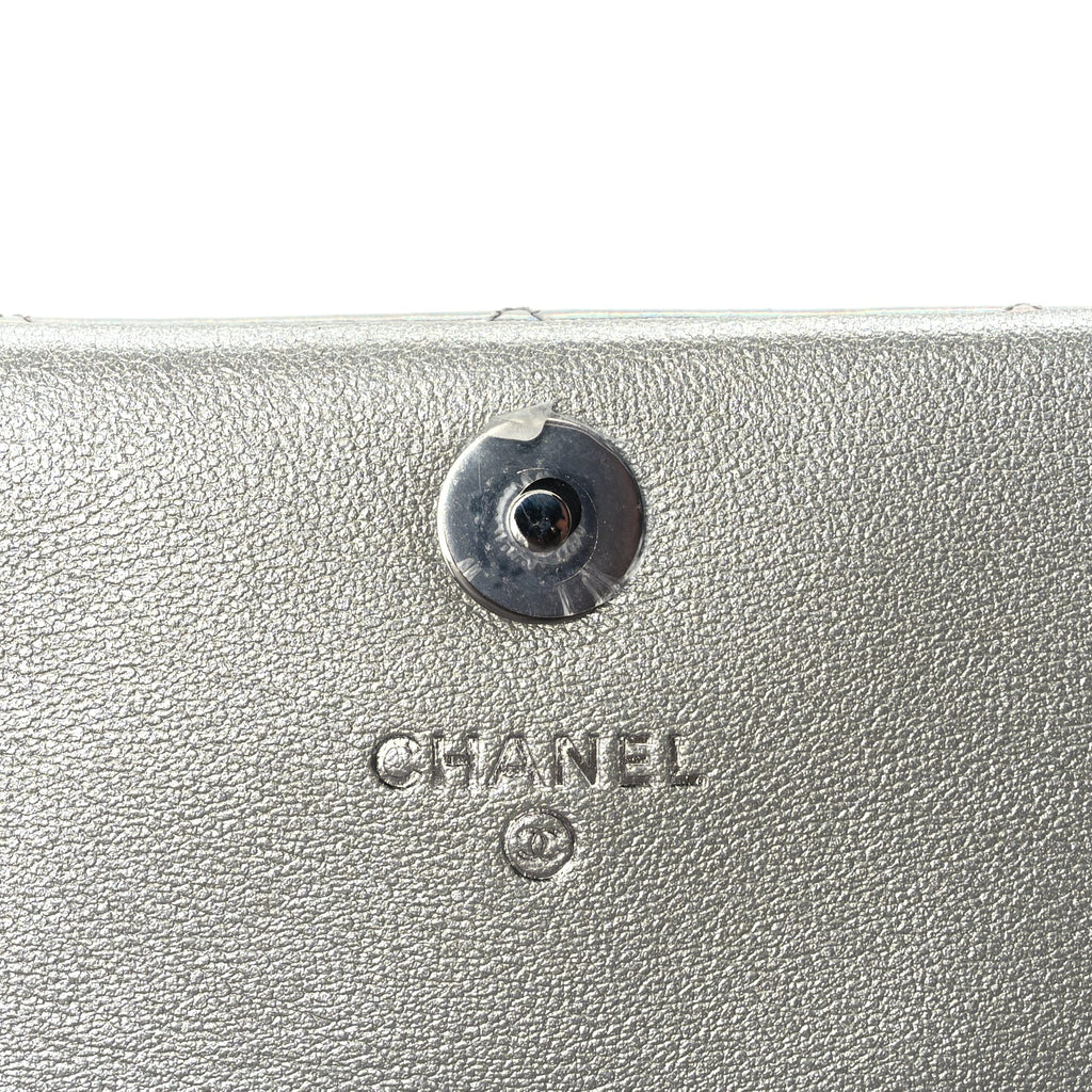 Chanel Iridescent Mirror Goatskin Quilted Clutch With Chain  Silver