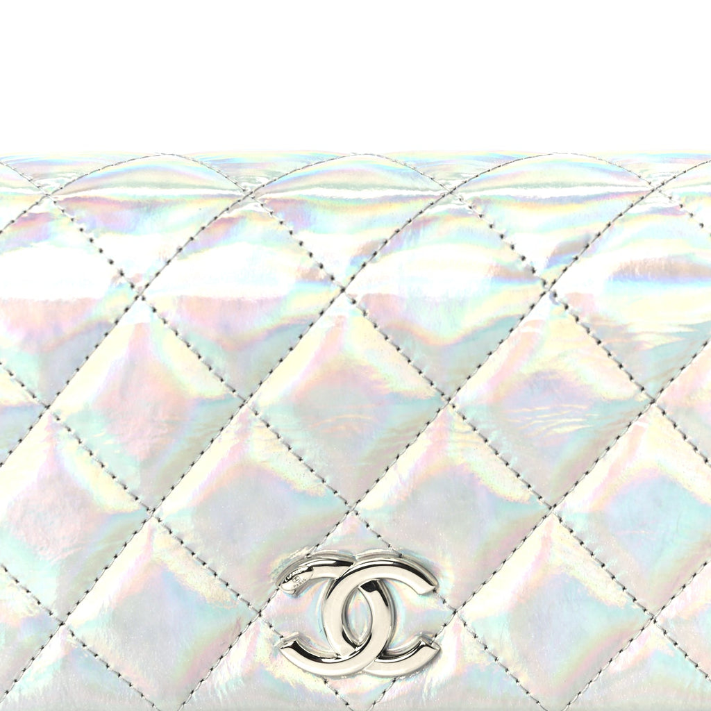 Chanel Iridescent Mirror Goatskin Quilted Clutch With Chain  Silver