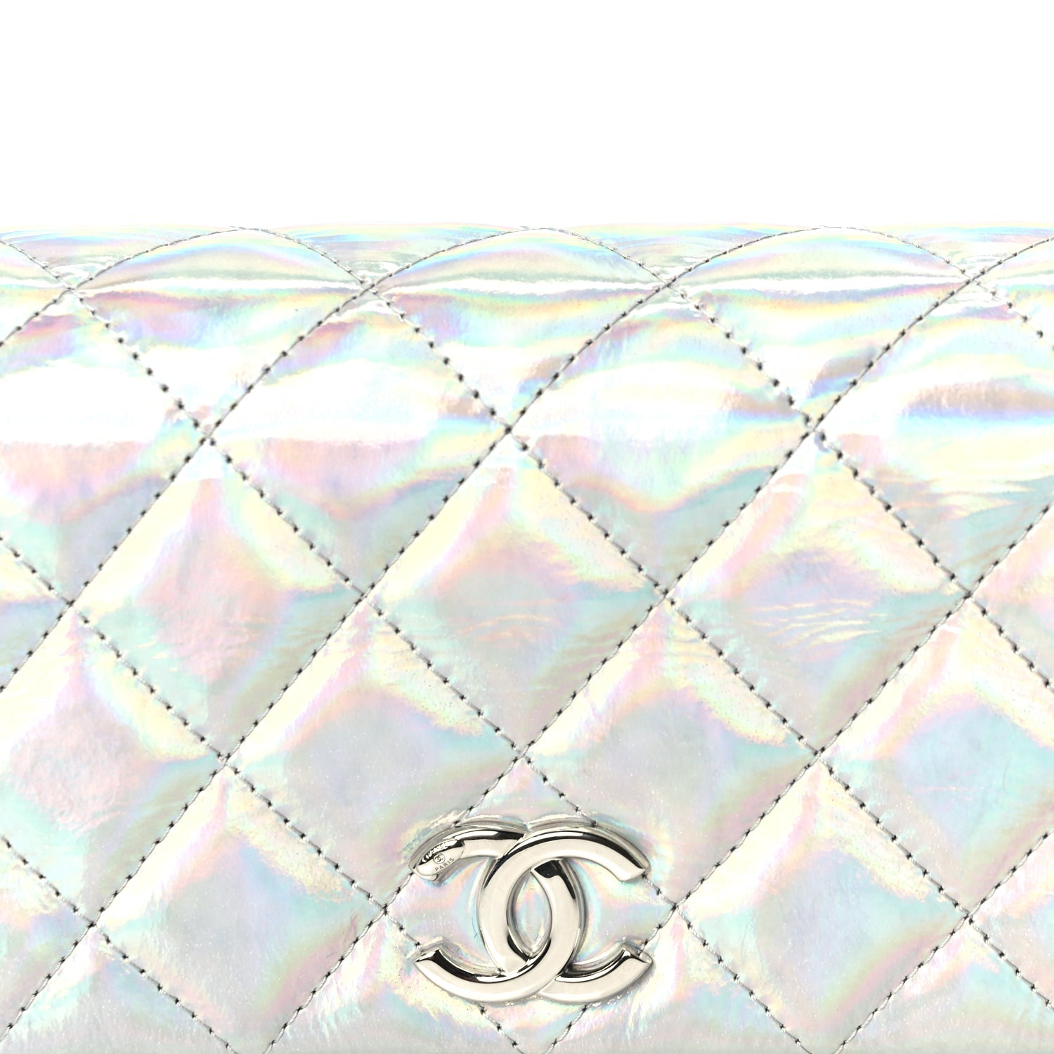 Chanel Iridescent Mirror Goatskin Quilted Clutch With Chain  Silver
