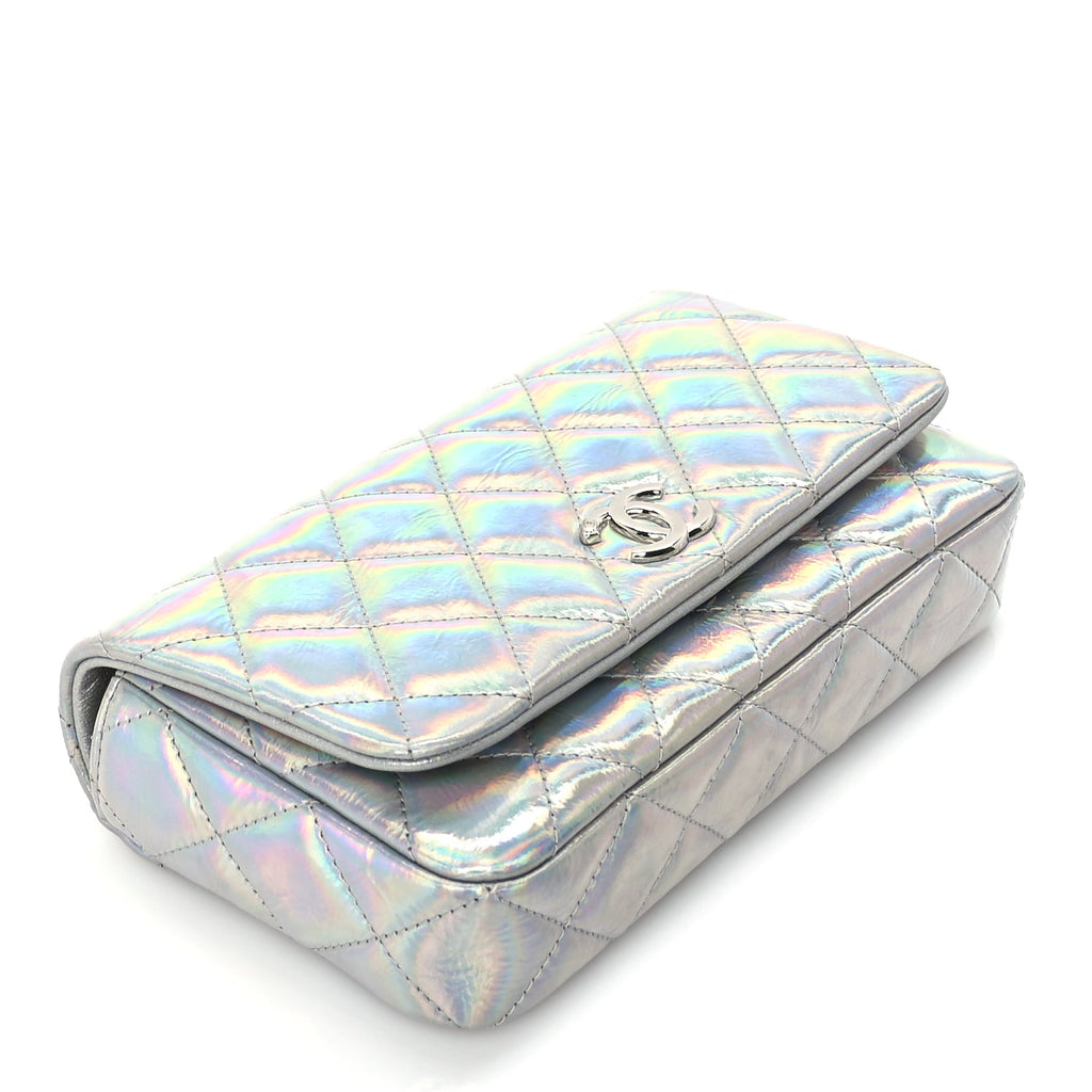 Chanel Iridescent Mirror Goatskin Quilted Clutch With Chain  Silver