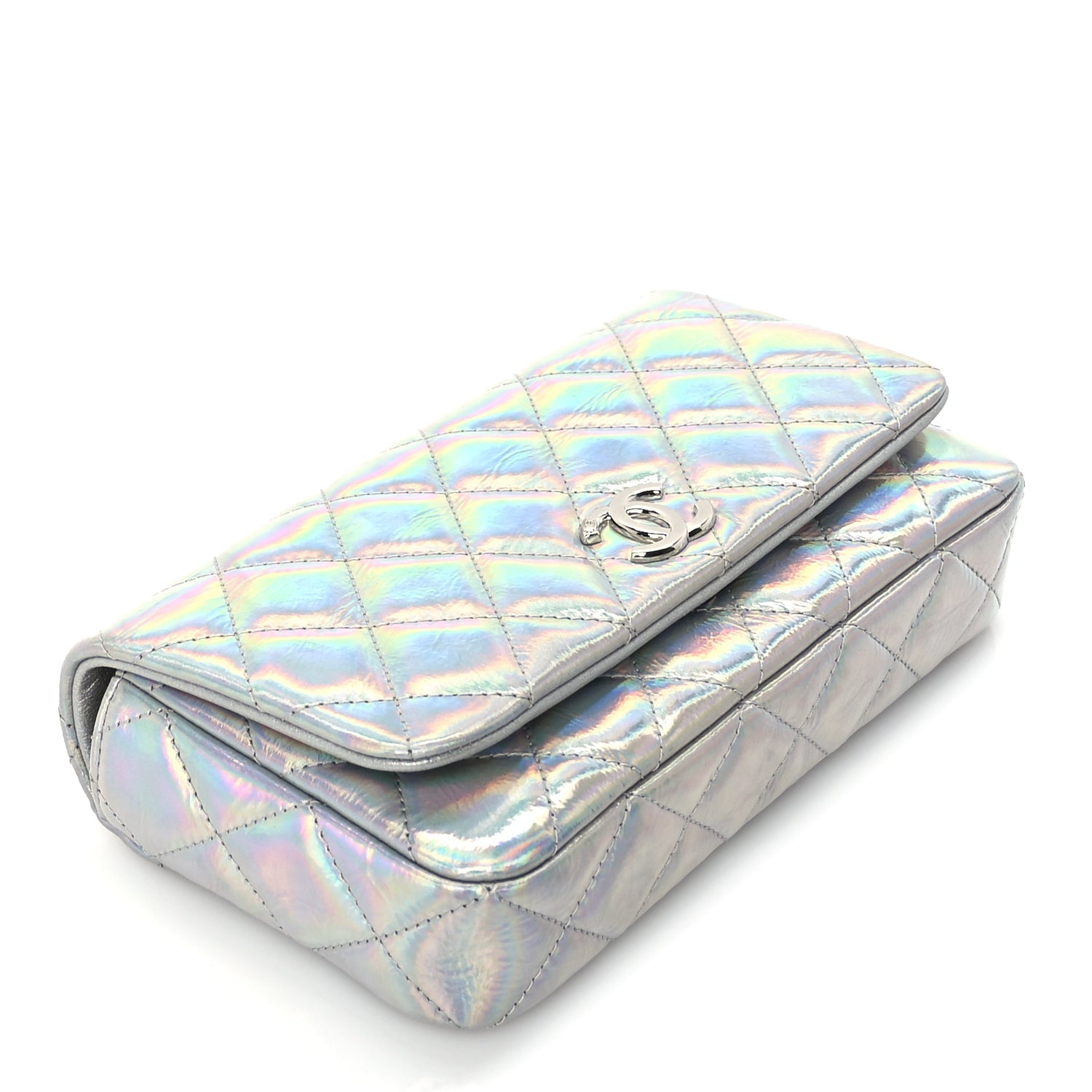 Chanel Iridescent Mirror Goatskin Quilted Clutch With Chain  Silver