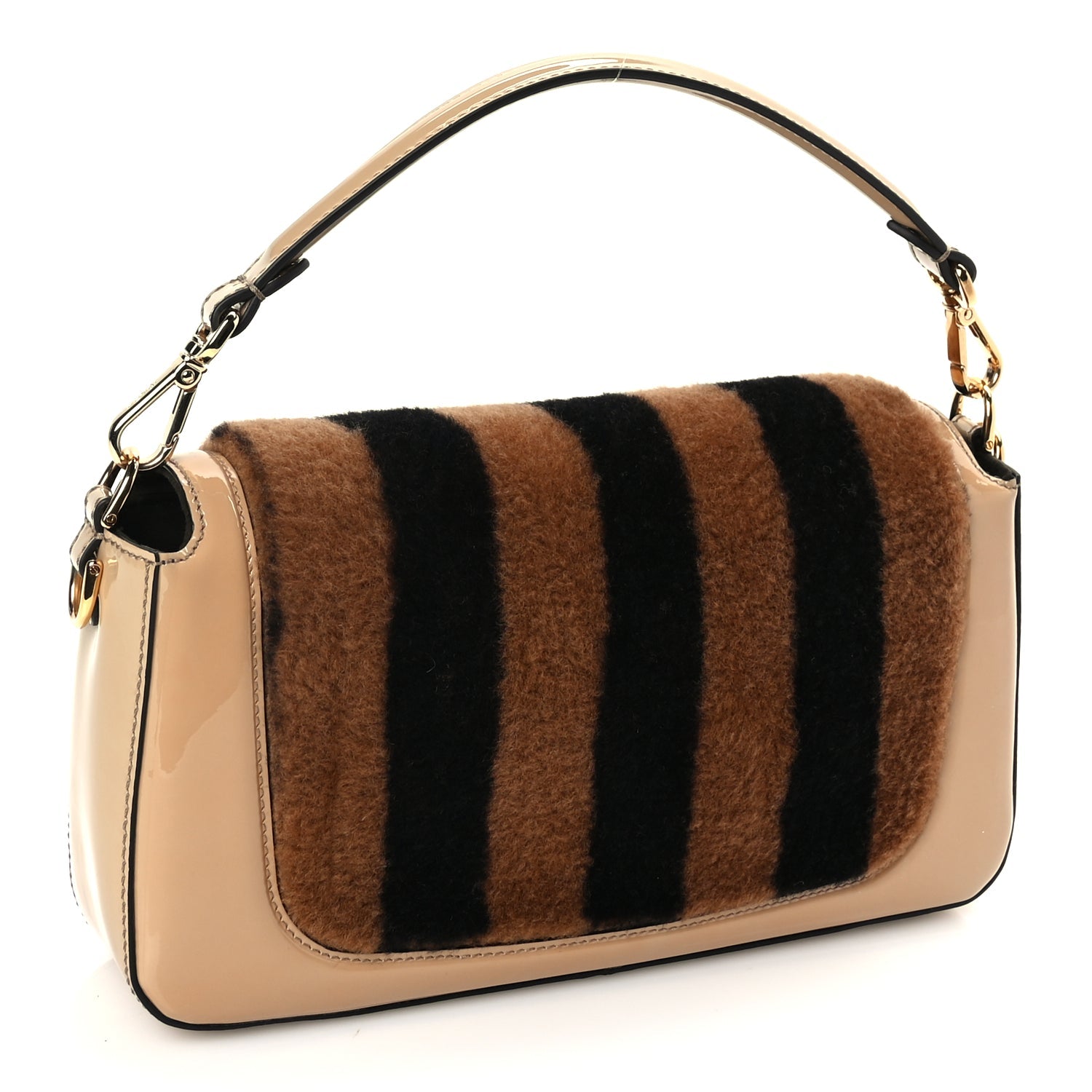 Fendi Shearling Vitello Vernice Mou Pequin Striped Baguette  Tobacco Black Tortora