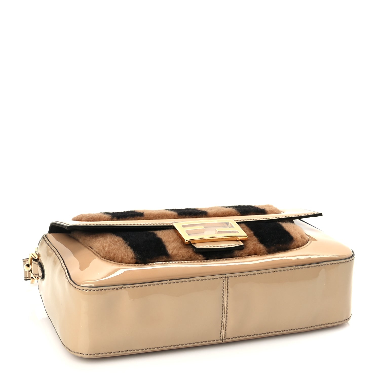 Fendi Shearling Vitello Vernice Mou Pequin Striped Baguette  Tobacco Black Tortora