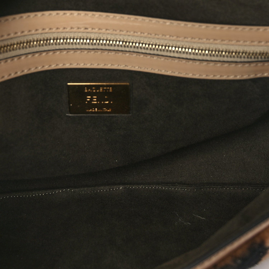 Fendi Shearling Vitello Vernice Mou Pequin Striped Baguette  Tobacco Black Tortora