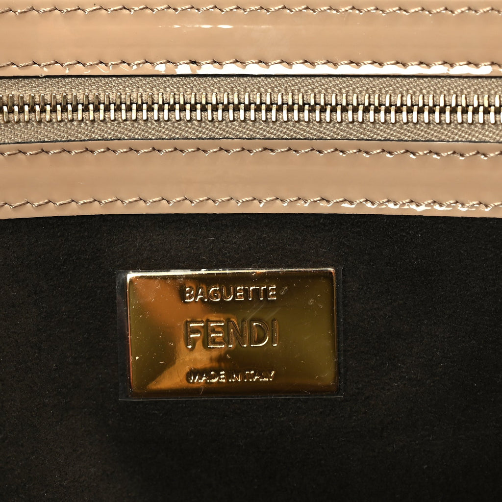 Fendi Shearling Vitello Vernice Mou Pequin Striped Baguette  Tobacco Black Tortora