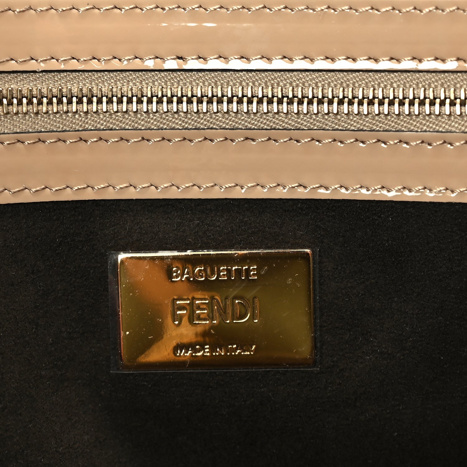 Fendi Shearling Vitello Vernice Mou Pequin Striped Baguette  Tobacco Black Tortora