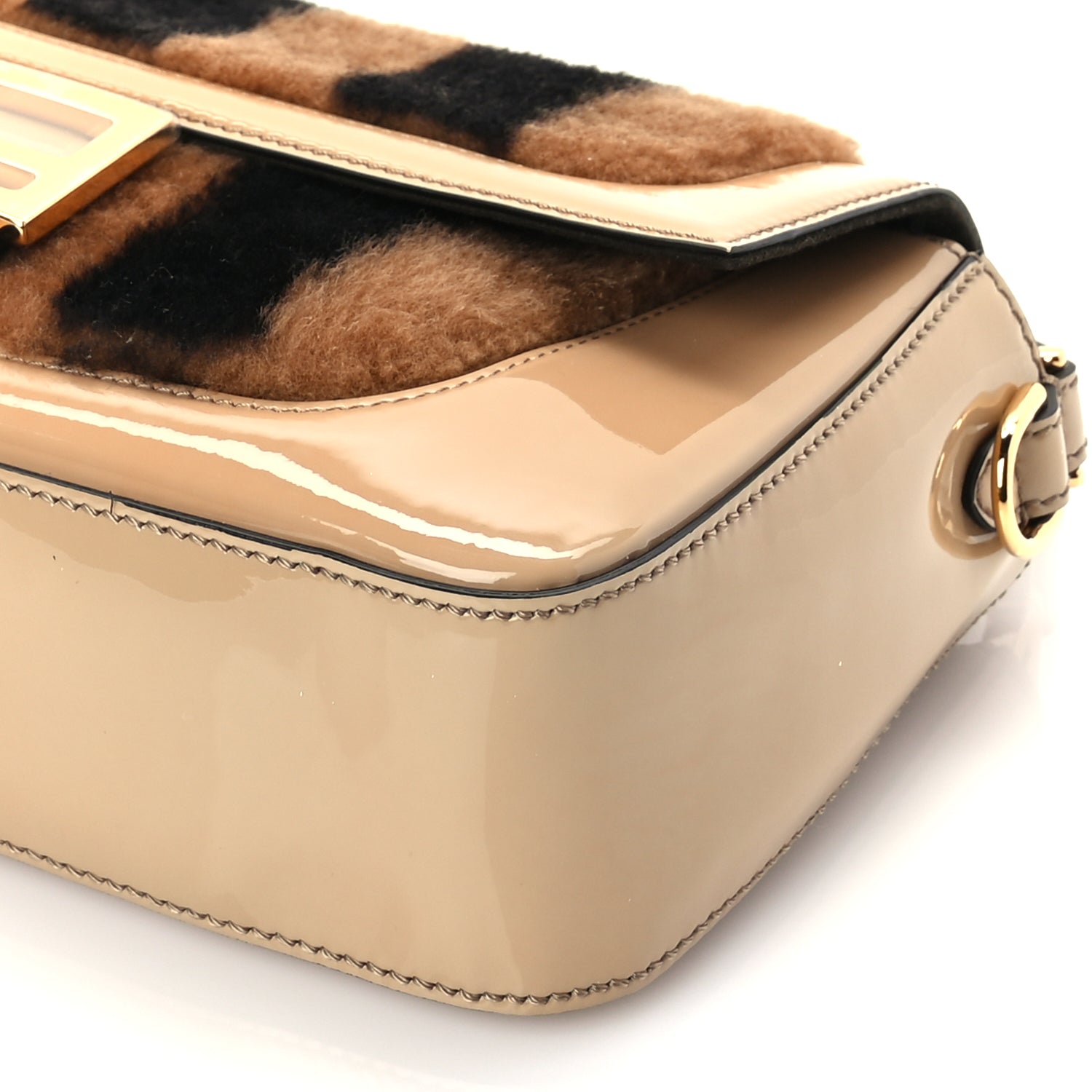 Fendi Shearling Vitello Vernice Mou Pequin Striped Baguette  Tobacco Black Tortora