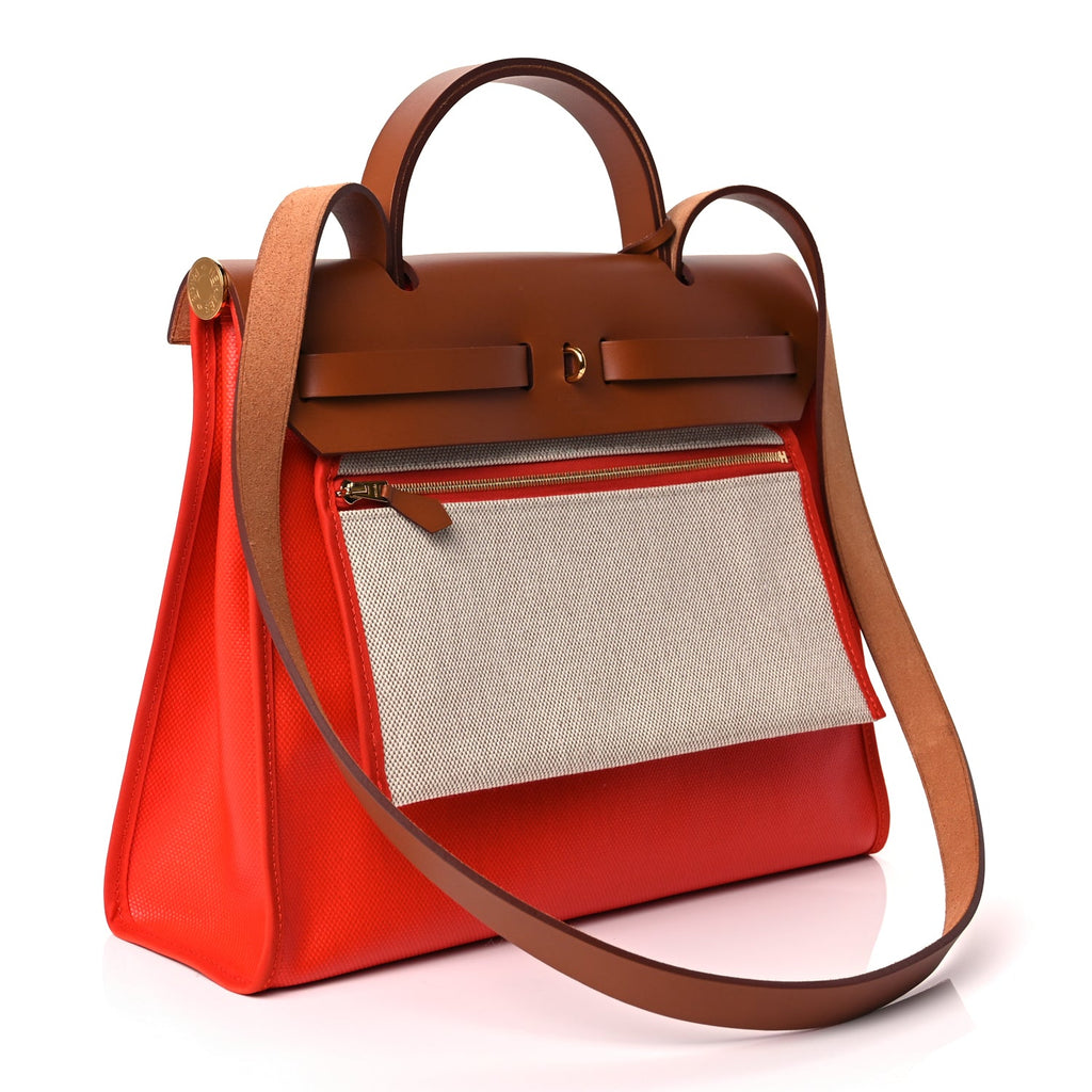 Hermes Toile H Berline Vache Hunter Herbag Zip 31 PM Orange Mecano Fauve