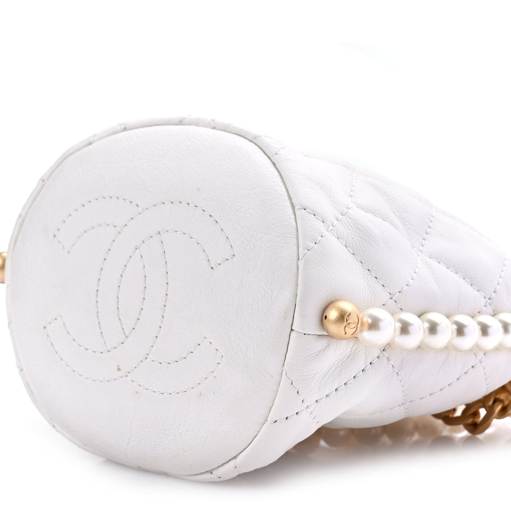 Chanel Calfskin Quilted Pearl Mini About Pearls Drawstring Bucket Bag White