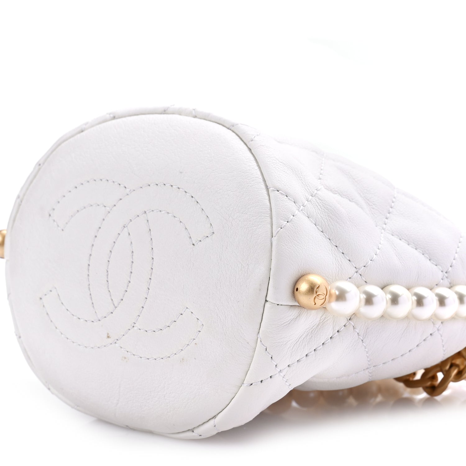 Chanel Calfskin Quilted Pearl Mini About Pearls Drawstring Bucket Bag White