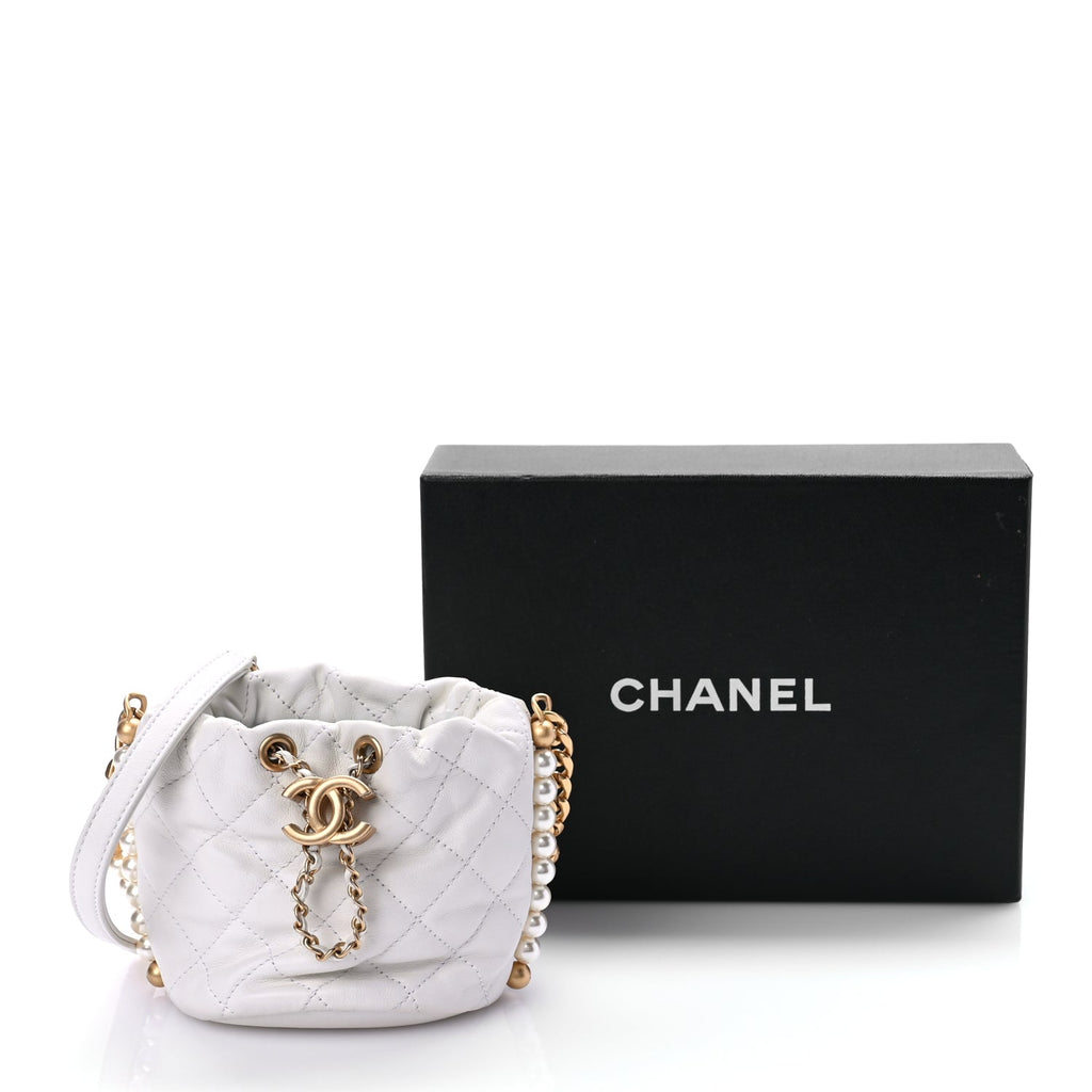 Chanel Calfskin Quilted Pearl Mini About Pearls Drawstring Bucket Bag White