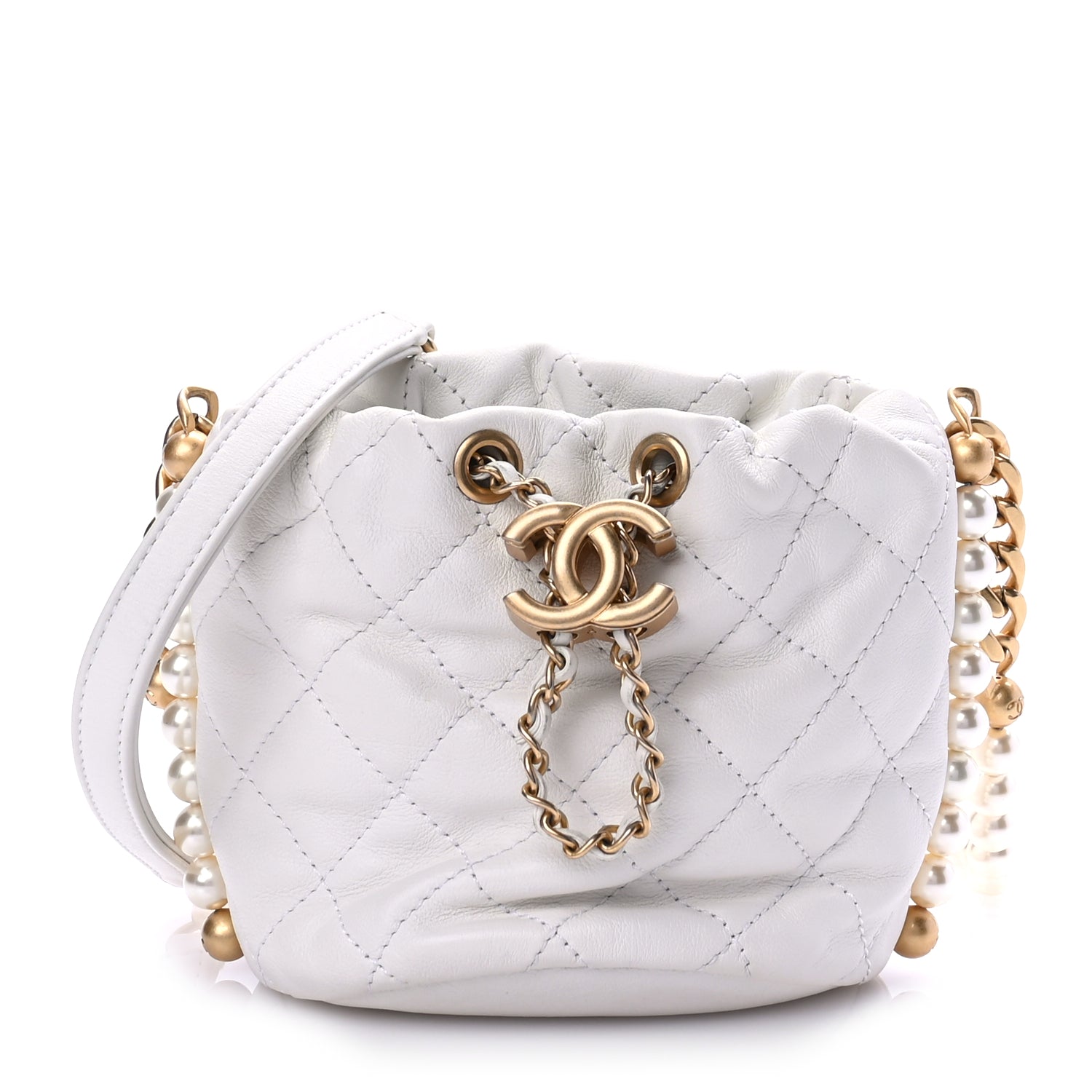 Chanel Calfskin Quilted Pearl Mini About Pearls Drawstring Bucket Bag White
