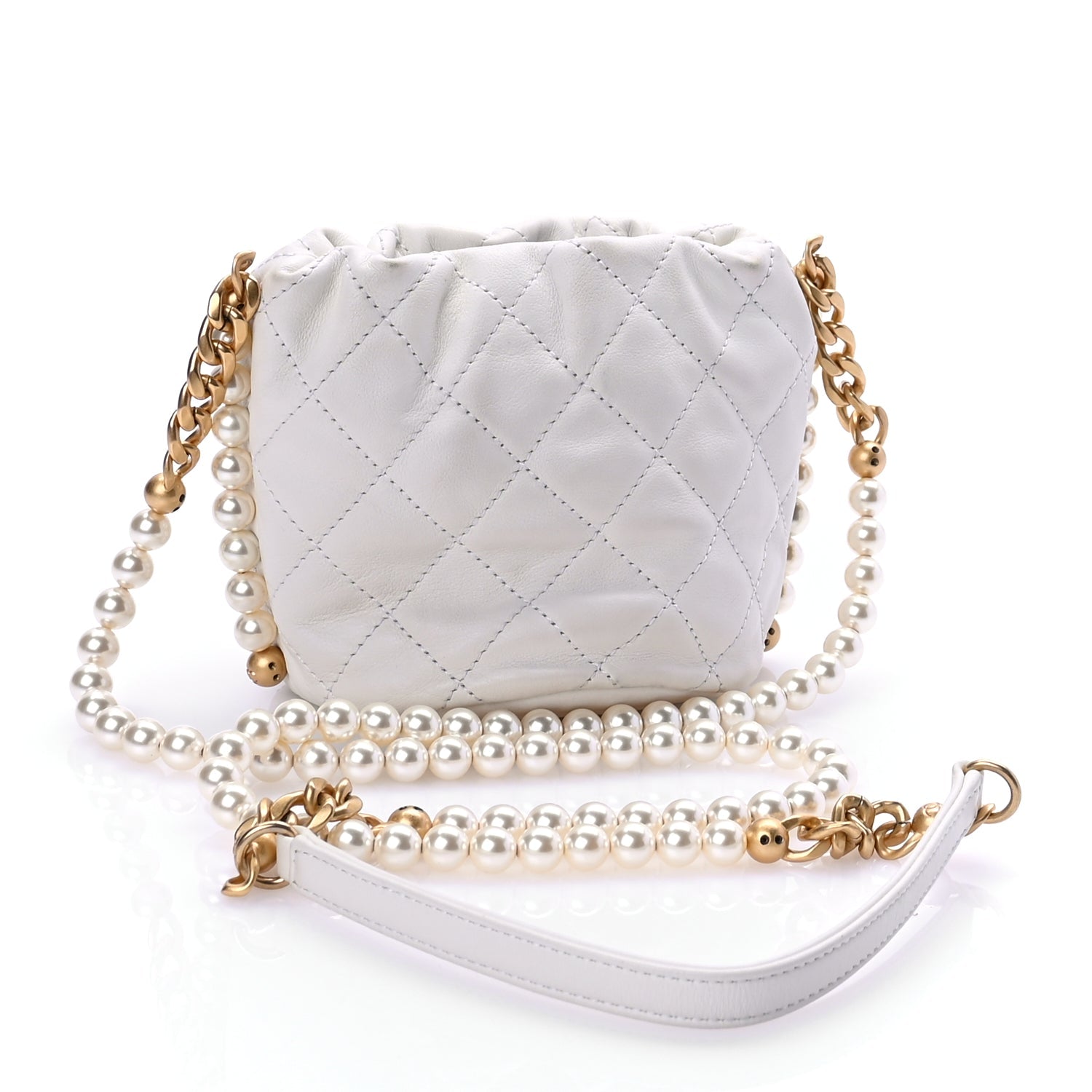 Chanel Calfskin Quilted Pearl Mini About Pearls Drawstring Bucket Bag White