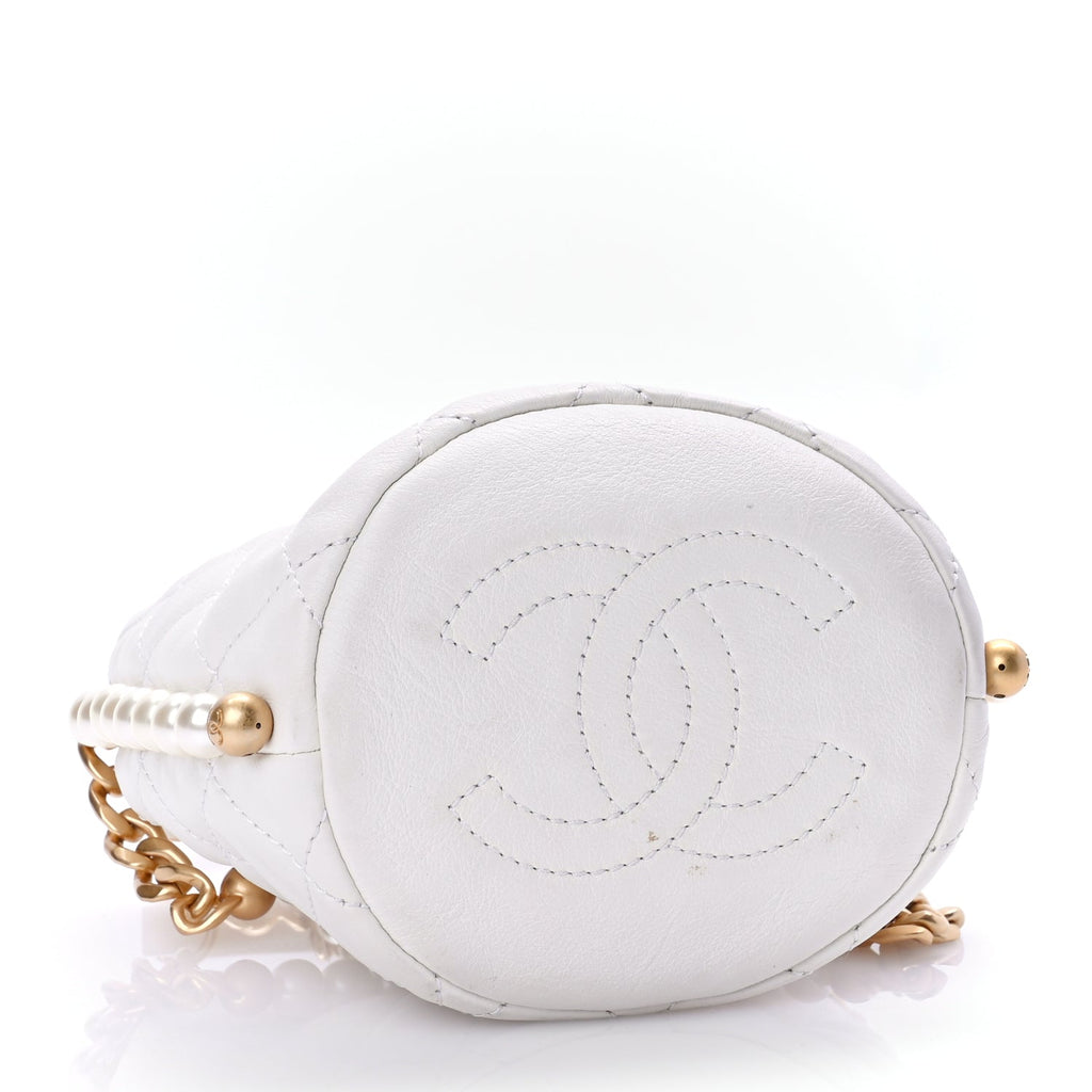 Chanel Calfskin Quilted Pearl Mini About Pearls Drawstring Bucket Bag White
