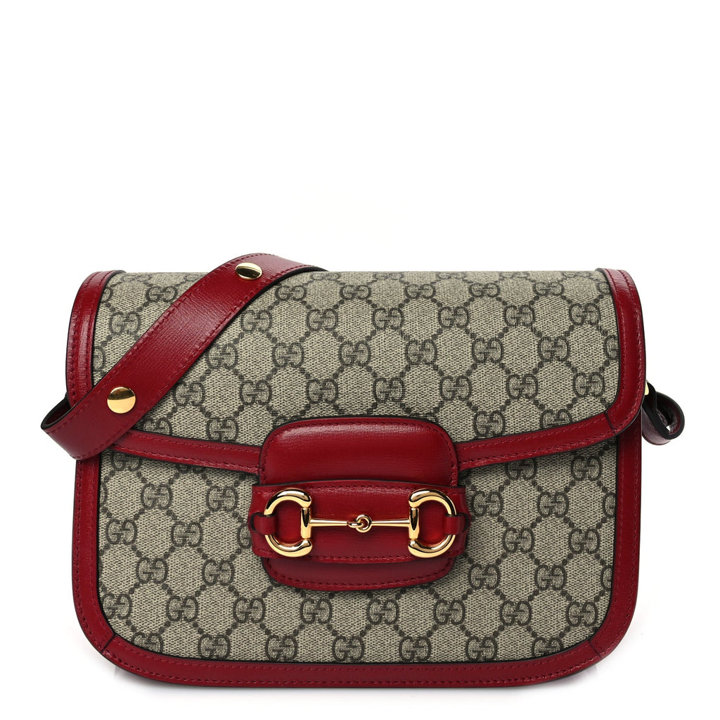 Gucci GG Supreme Monogram Azalea Calfskin Horsebit 1955 Shoulder Bag Beige Ebony New Cherry Red