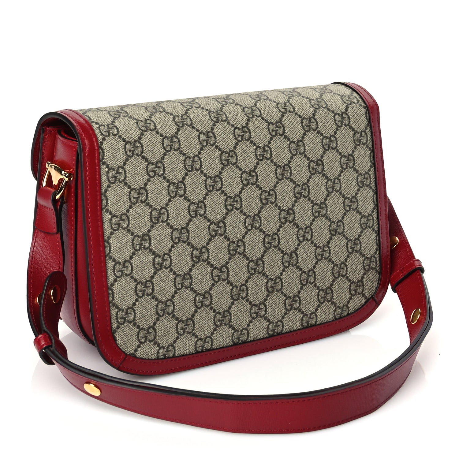 Gucci GG Supreme Monogram Azalea Calfskin Horsebit 1955 Shoulder Bag Beige Ebony New Cherry Red
