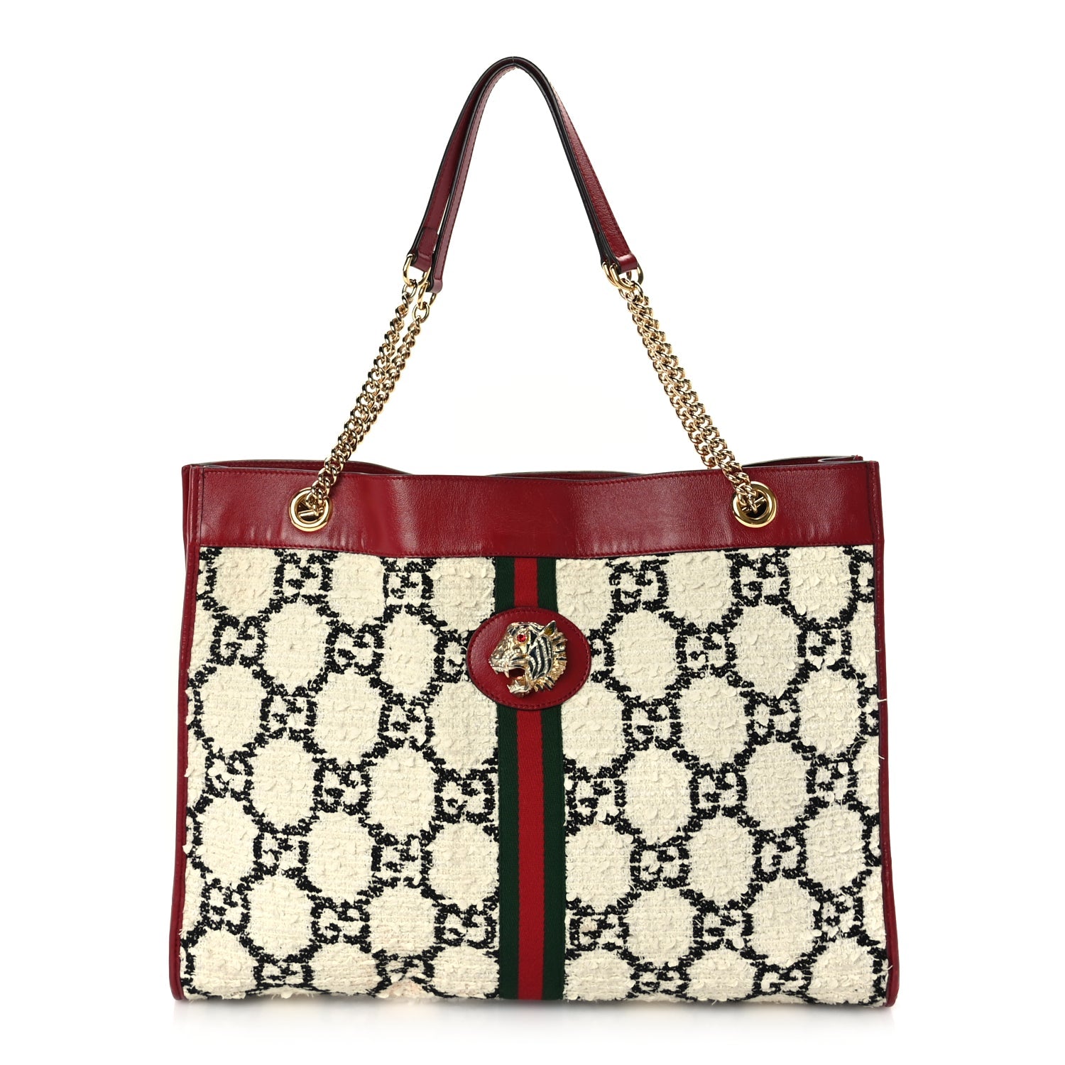 Gucci Tweed GG Monogram Large Rajah Chain Tote  White Black Romantic Cherry
