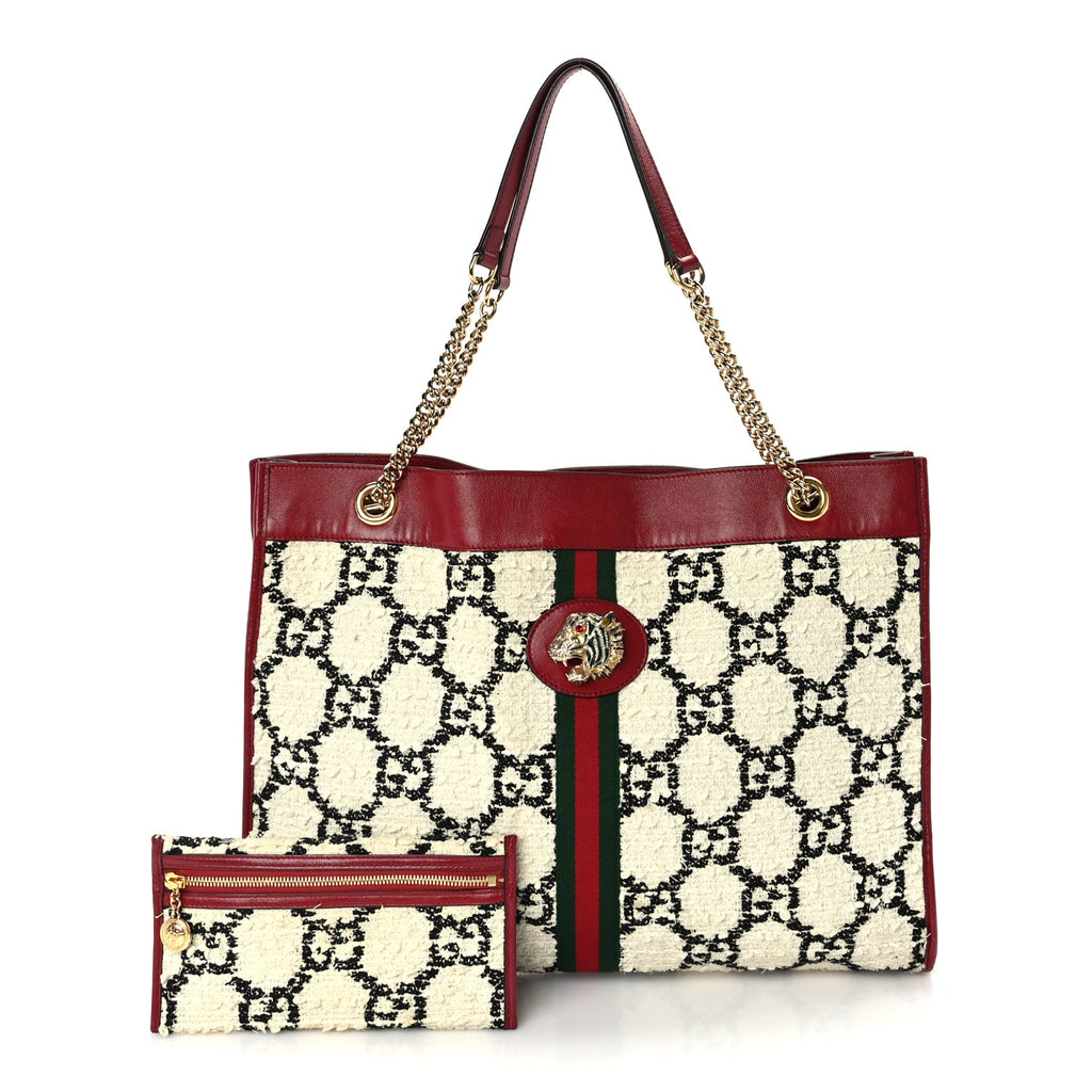 Gucci Tweed GG Monogram Large Rajah Chain Tote  White Black Romantic Cherry
