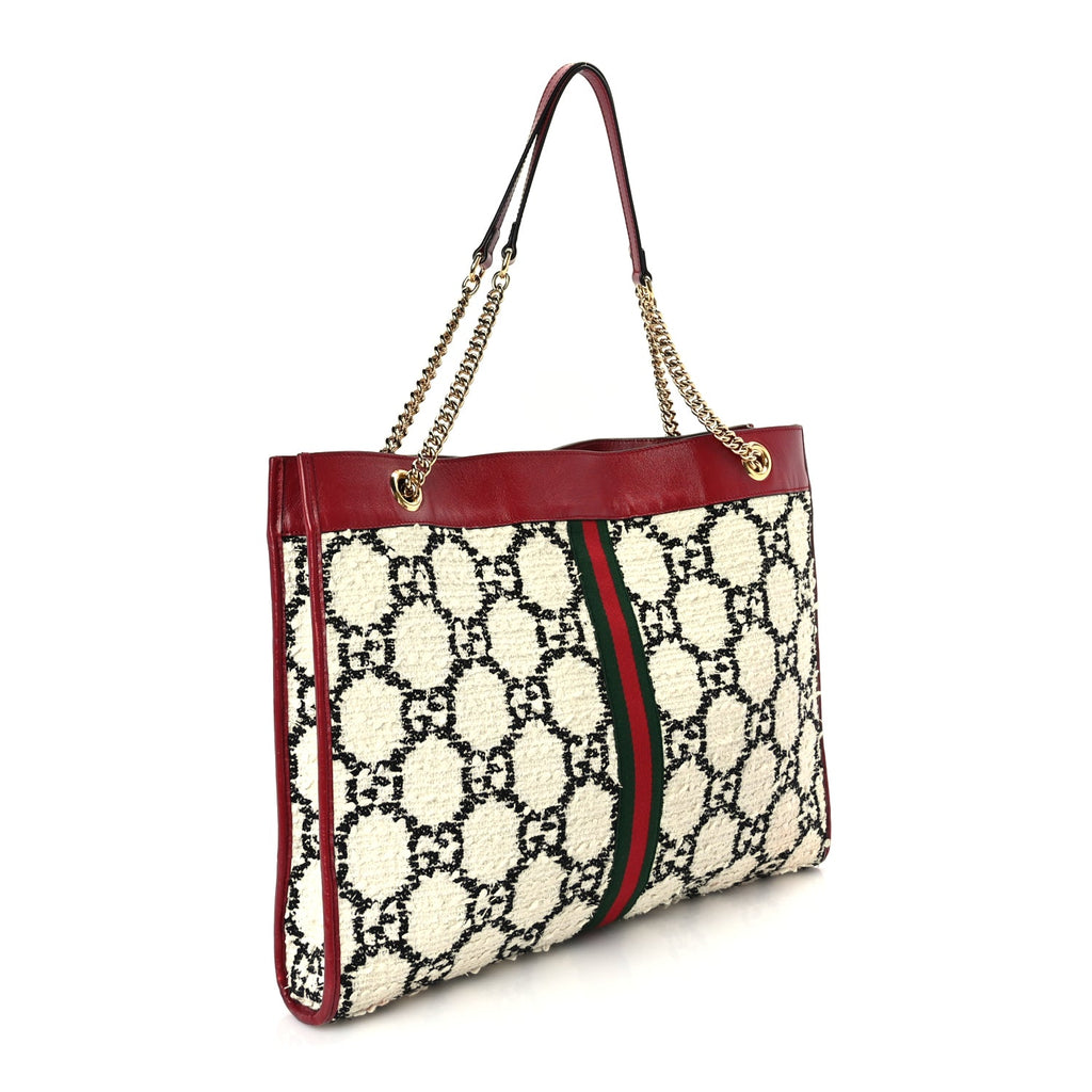 Gucci Tweed GG Monogram Large Rajah Chain Tote  White Black Romantic Cherry