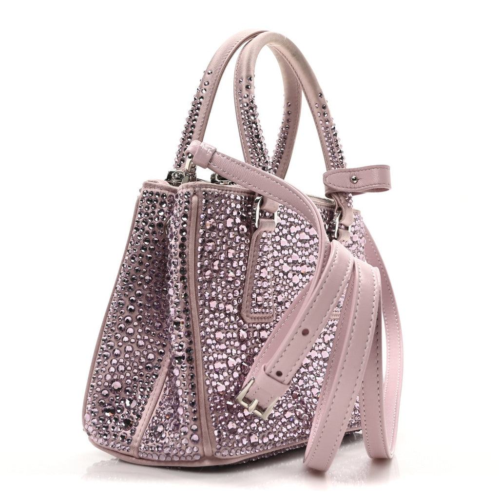 Prada Satin Crystal Mini Galleria Double Zip Tote Alabastro