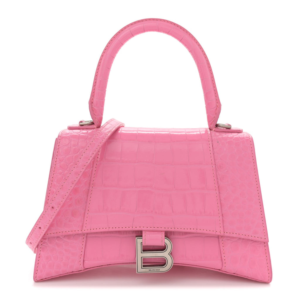 Balenciaga Shiny Calfskin Crocodile Embossed Small Hourglass Top Handle Bag Baby Pink