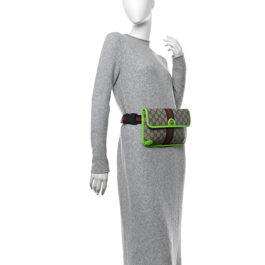 Gucci GG Supreme Monogram Web Small Ophidia Belt Bag Beige Ebony Electric Green