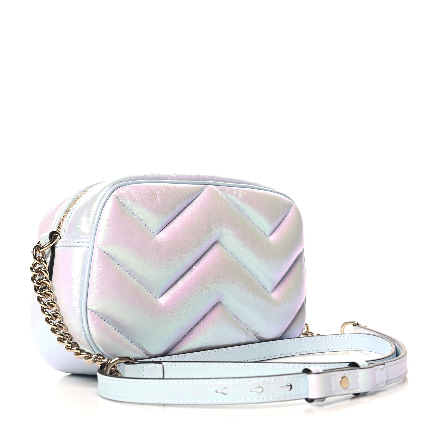 Gucci Iridescent Nappa Chevron Matelasse Small GG Marmont Chain Shoulder Bag Iridescent Snow Light Blue