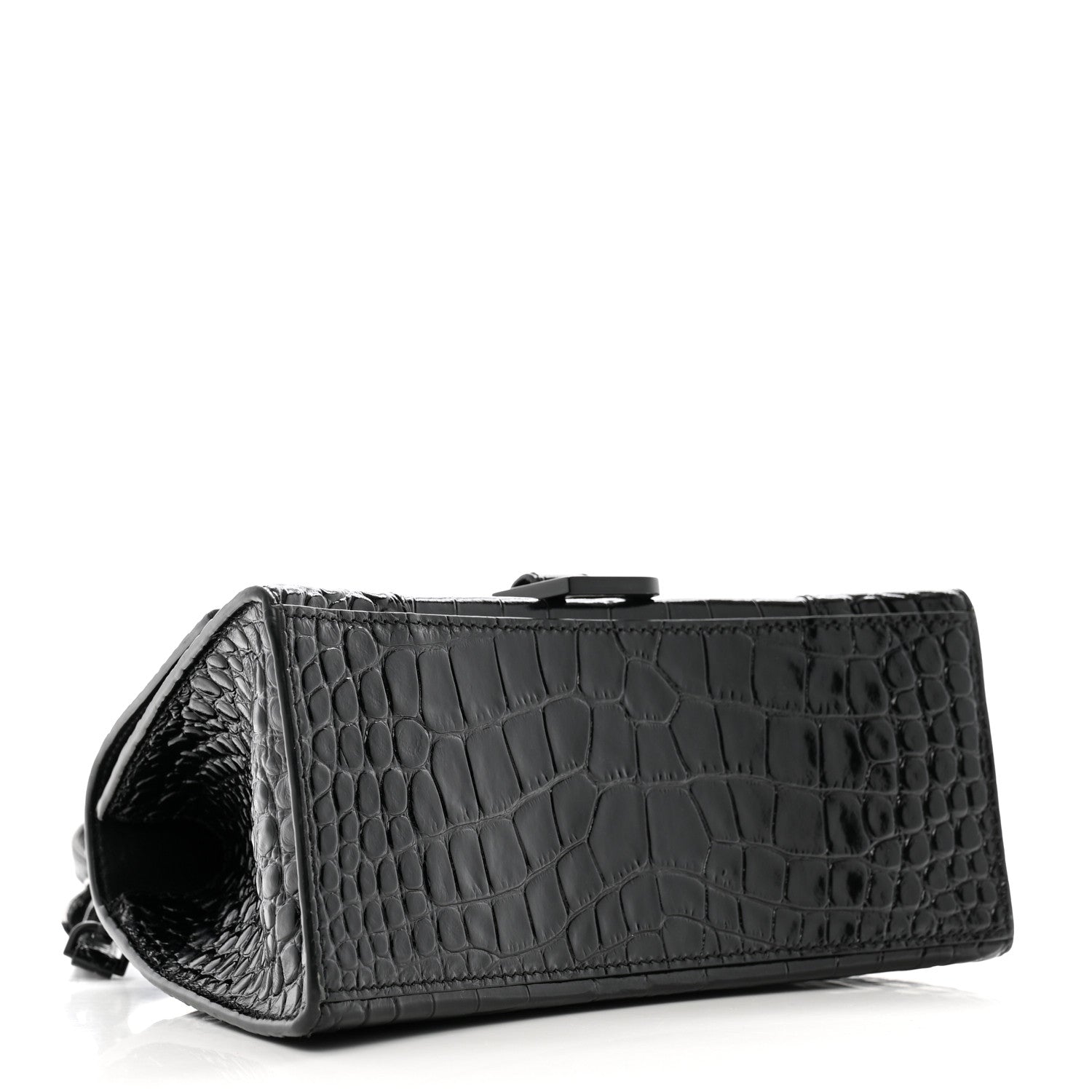 Balenciaga Shiny Calfskin Monochrome Crocodile Embossed Small Hourglass Top Handle Bag Black
