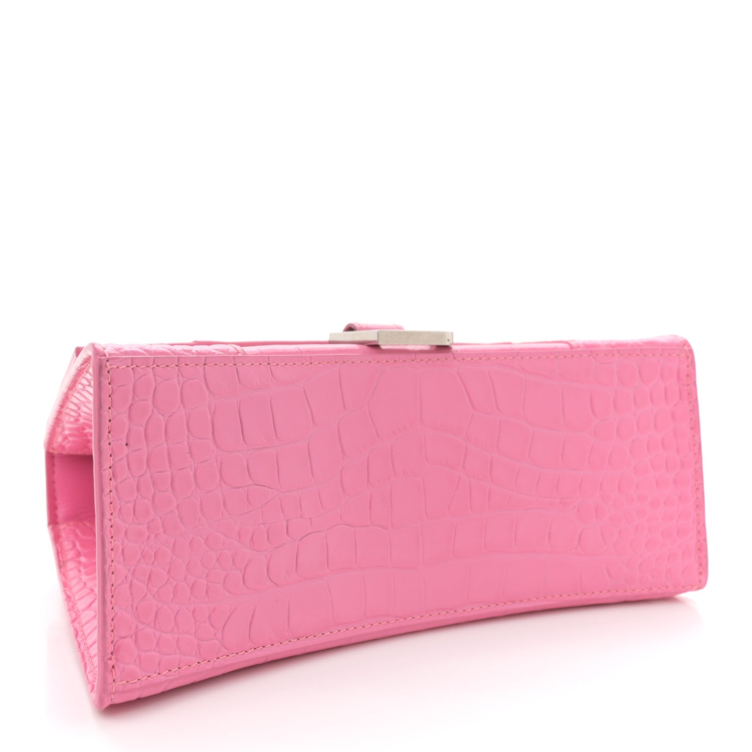 Balenciaga Shiny Calfskin Crocodile Embossed Small Hourglass Top Handle Bag Baby Pink