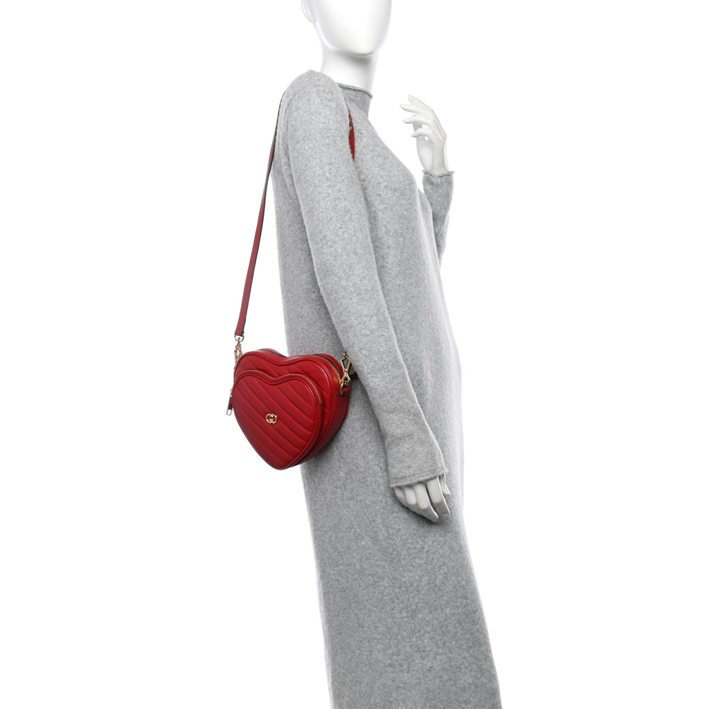 Gucci Calfskin Matelasse Diagonal Mini InterLocking G Heart Shoulder Bag Hibiscus Red