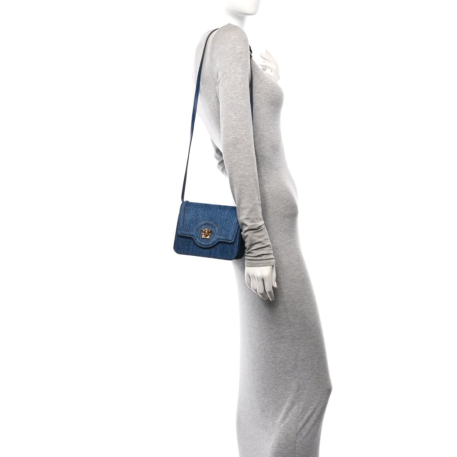Versace Denim La Medusa Chain Shoulder Bag Navy Blue